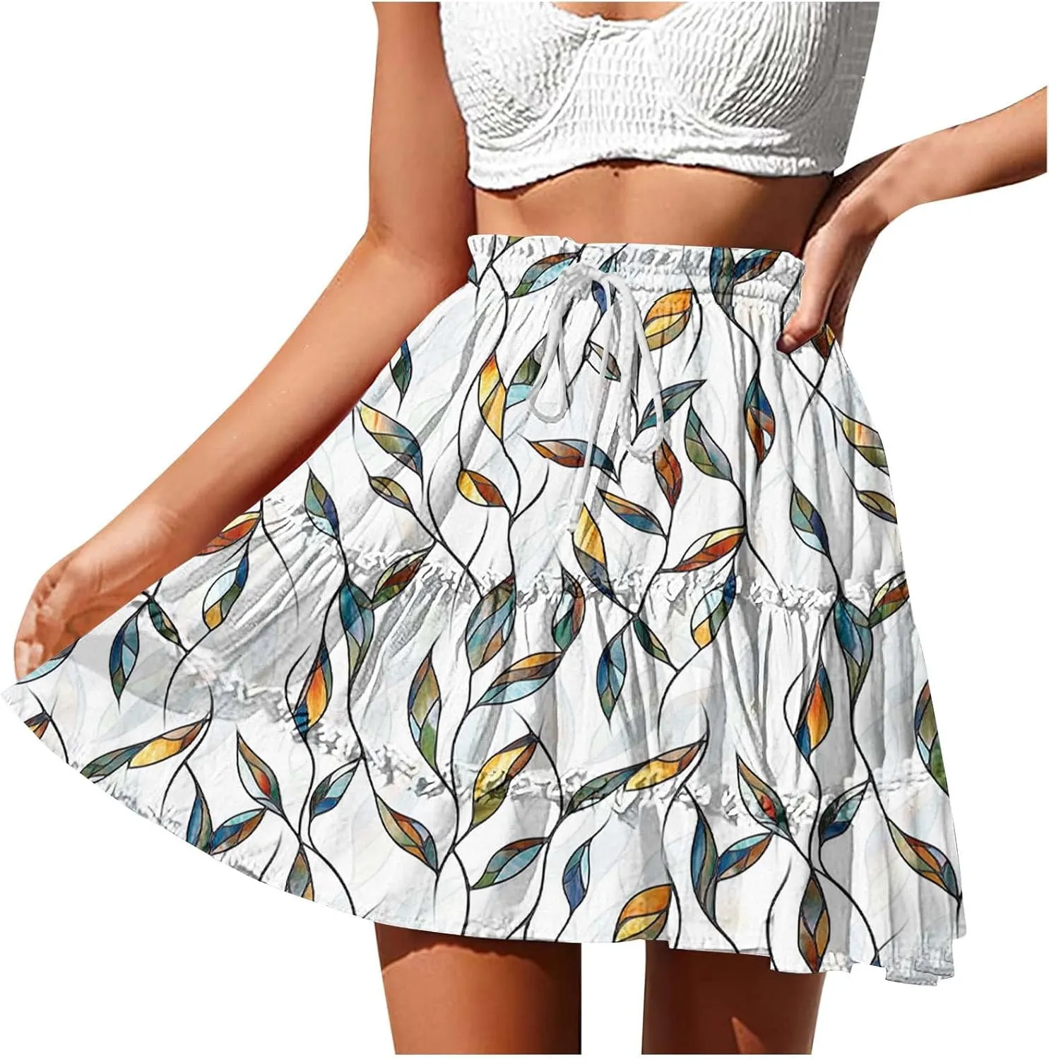 Womens Boho Floral Skirts Pleated Ruffle Tiered High Waisted Drawstring Summer Beach Vacation Mini Skirts