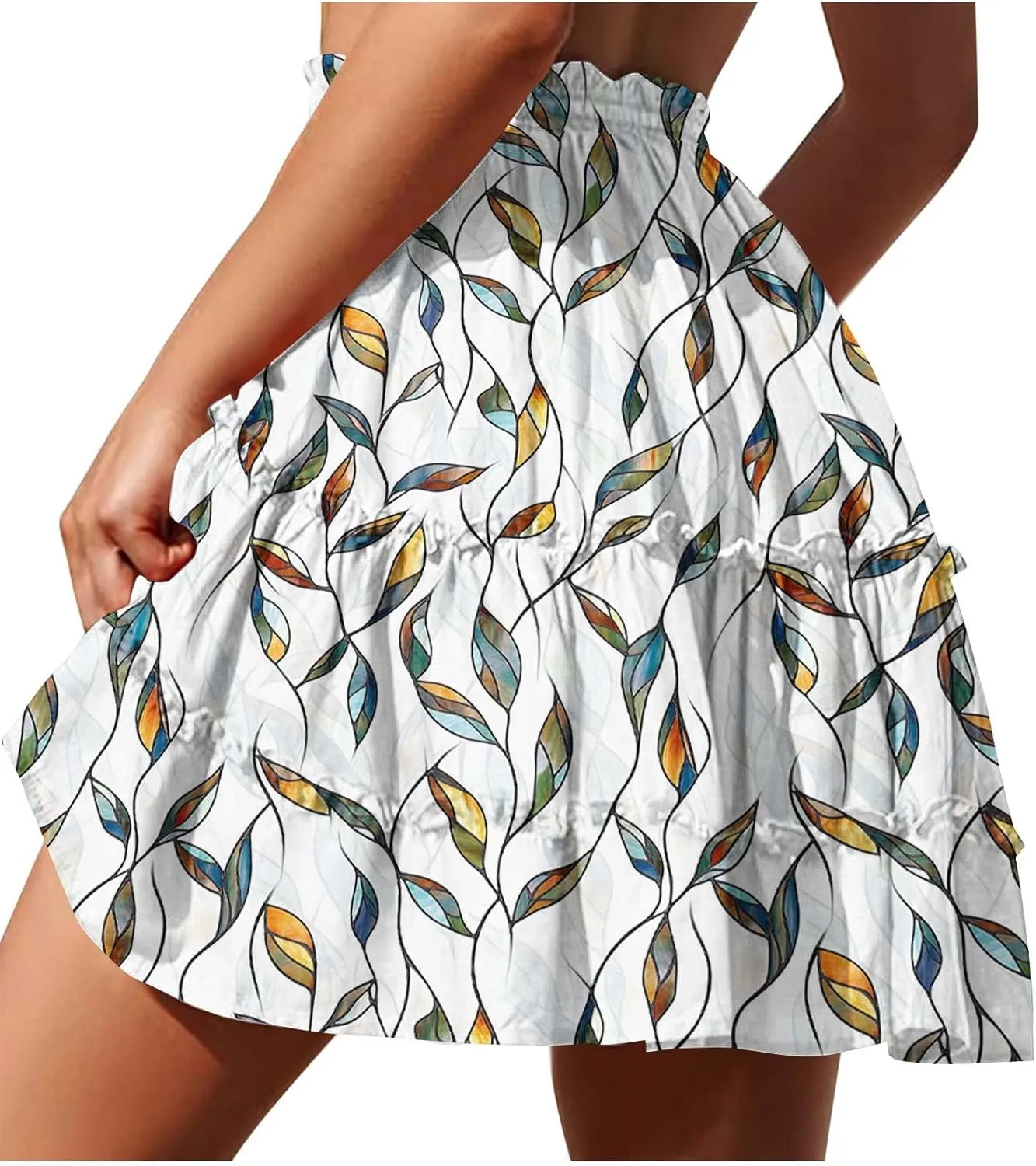 Womens Boho Floral Skirts Pleated Ruffle Tiered High Waisted Drawstring Summer Beach Vacation Mini Skirts