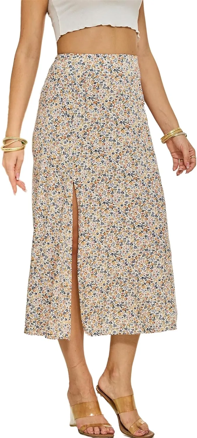 Womens Boho Leopard Print Skirts Pleated A Line Summer High Waisted Flowy Slit Midi Skirts Boho Floral Beach Skirt