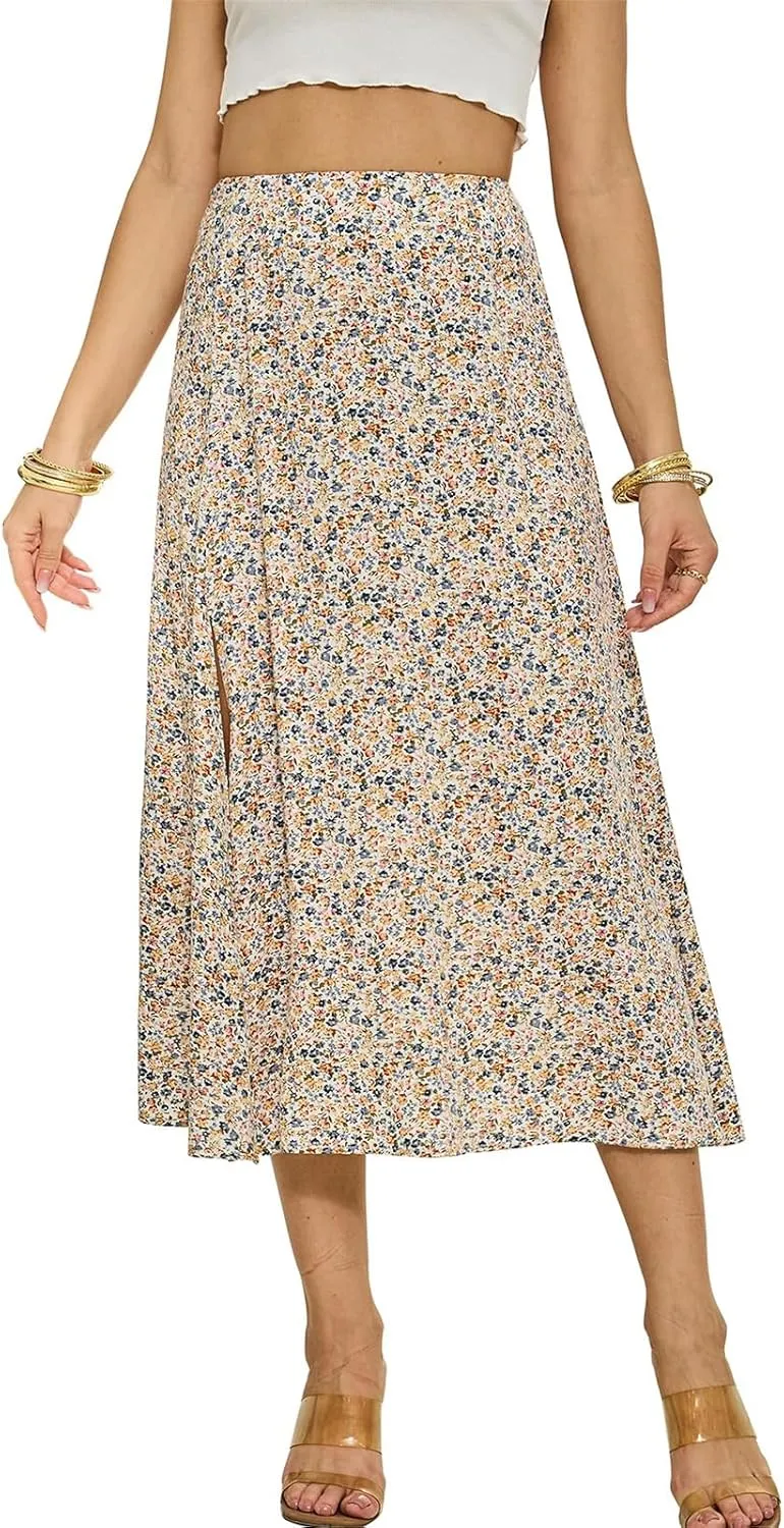 Womens Boho Leopard Print Skirts Pleated A Line Summer High Waisted Flowy Slit Midi Skirts Boho Floral Beach Skirt