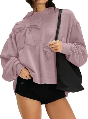 Womens Bow Front Sweatshirt Oversized Long Sleeve Drop Shoulder Bow Pullover Y2k Hoodies
