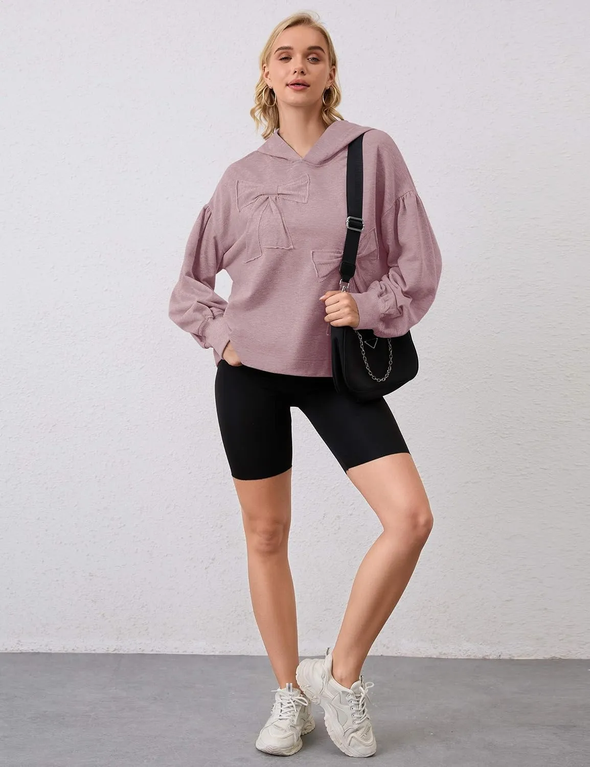 Womens Bow Front Sweatshirt Oversized Long Sleeve Drop Shoulder Bow Pullover Y2k Hoodies