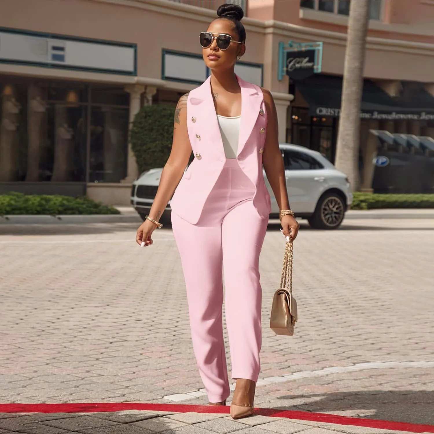 Women's Business Blazer Suit Ruffles Sleeveless Two Piece Solid Work Pant Suit Business Office Lady Suits Sets
