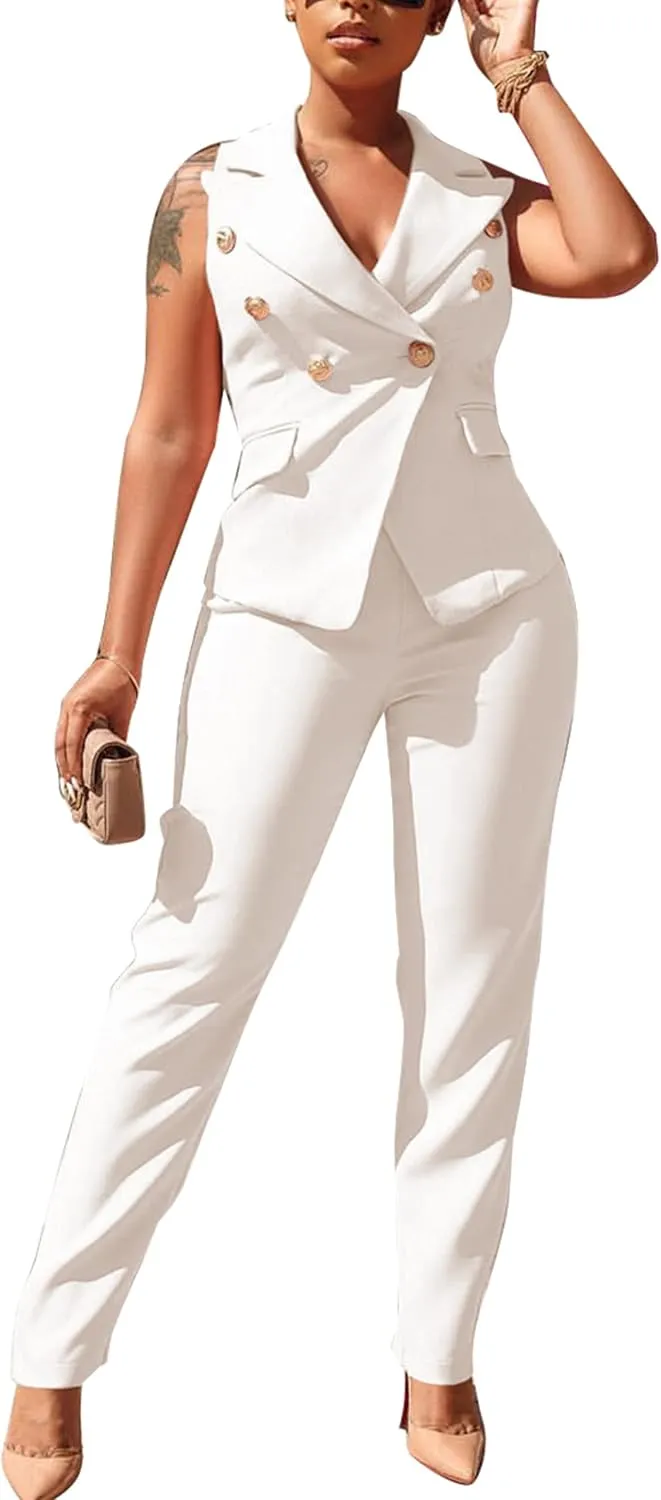 Women's Business Blazer Suit Ruffles Sleeveless Two Piece Solid Work Pant Suit Business Office Lady Suits Sets