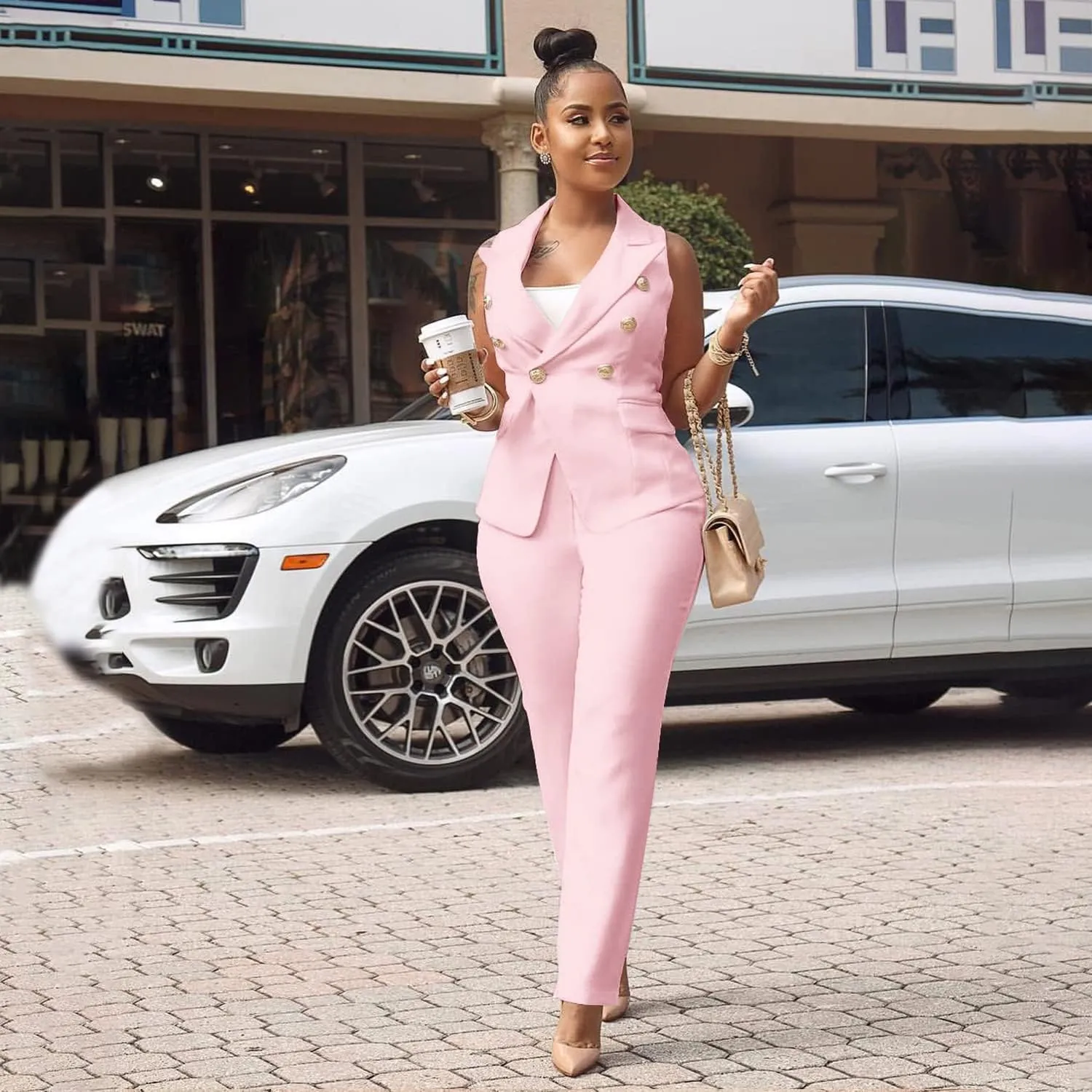 Women's Business Blazer Suit Ruffles Sleeveless Two Piece Solid Work Pant Suit Business Office Lady Suits Sets