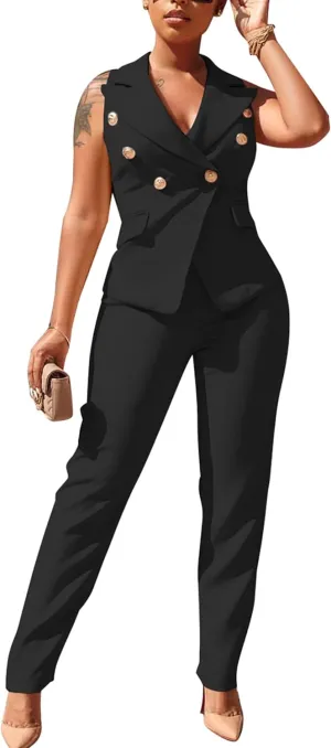 Women's Business Blazer Suit Ruffles Sleeveless Two Piece Solid Work Pant Suit Business Office Lady Suits Sets