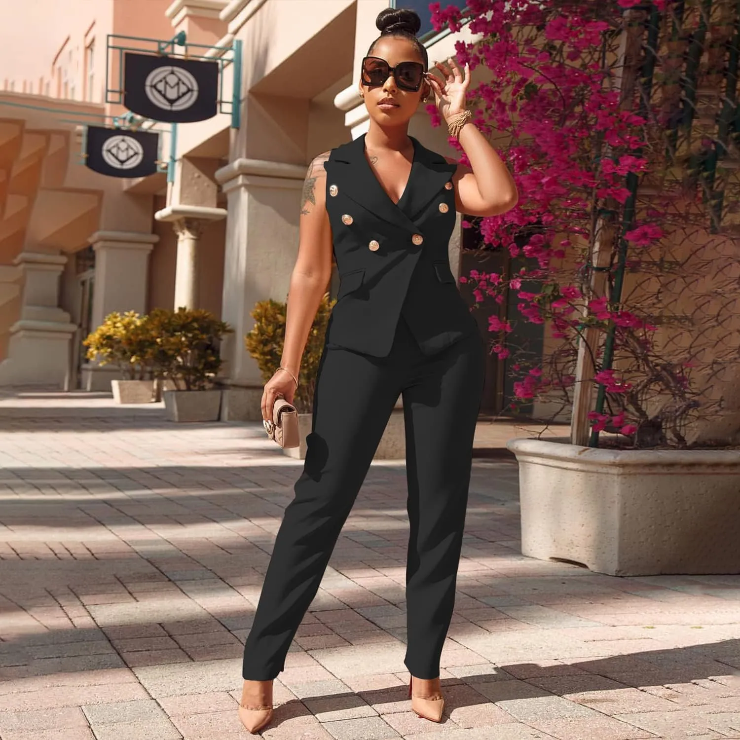 Women's Business Blazer Suit Ruffles Sleeveless Two Piece Solid Work Pant Suit Business Office Lady Suits Sets