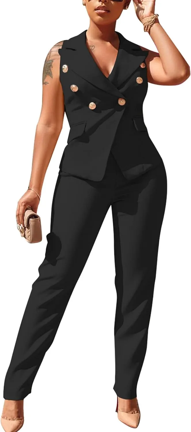 Women's Business Blazer Suit Ruffles Sleeveless Two Piece Solid Work Pant Suit Business Office Lady Suits Sets