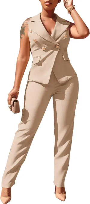 Women's Business Blazer Suit Ruffles Sleeveless Two Piece Solid Work Pant Suit Business Office Lady Suits Sets