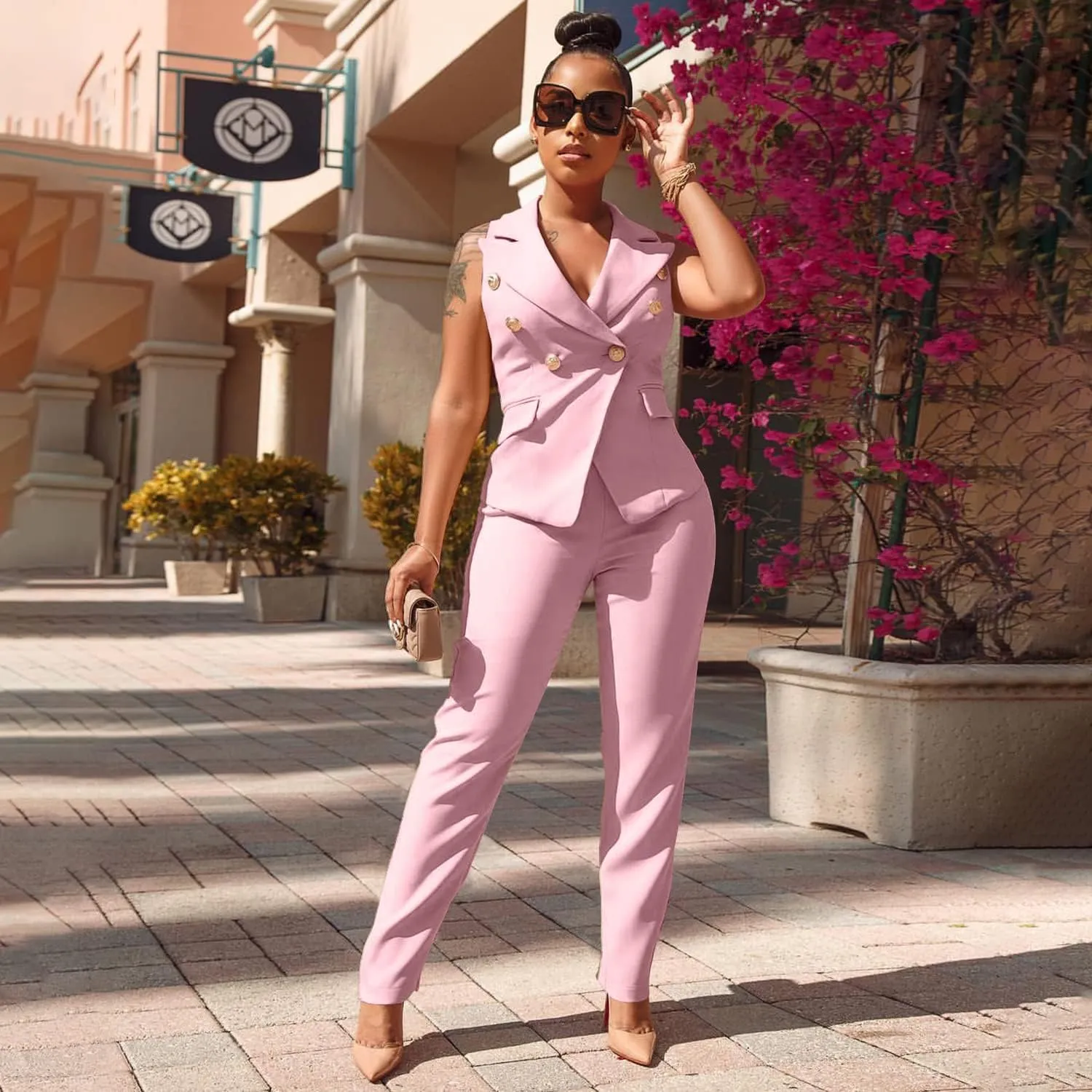 Women's Business Blazer Suit Ruffles Sleeveless Two Piece Solid Work Pant Suit Business Office Lady Suits Sets