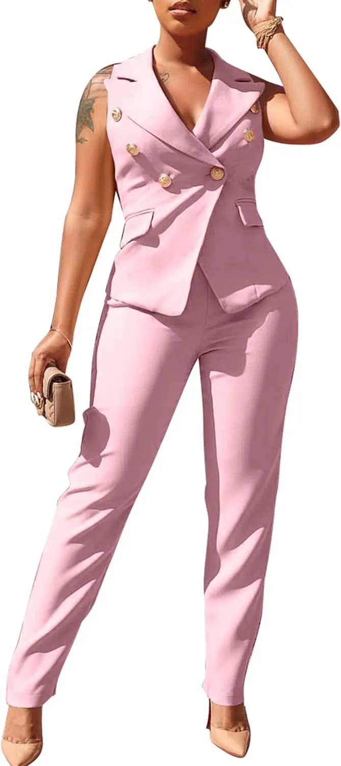 Women's Business Blazer Suit Ruffles Sleeveless Two Piece Solid Work Pant Suit Business Office Lady Suits Sets