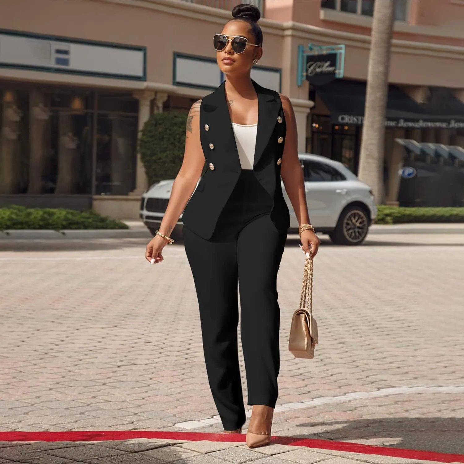 Women's Business Blazer Suit Ruffles Sleeveless Two Piece Solid Work Pant Suit Business Office Lady Suits Sets