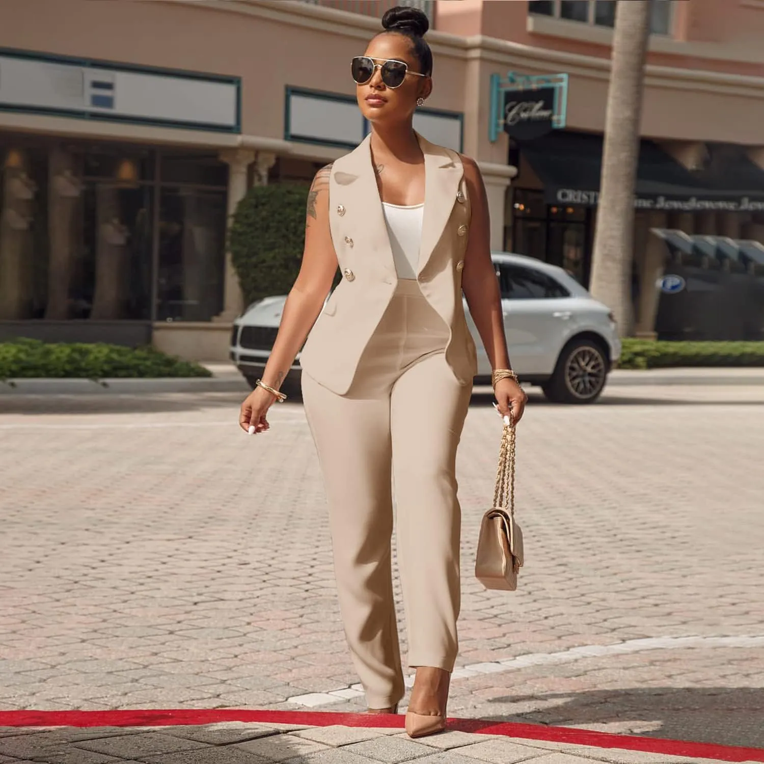Women's Business Blazer Suit Ruffles Sleeveless Two Piece Solid Work Pant Suit Business Office Lady Suits Sets