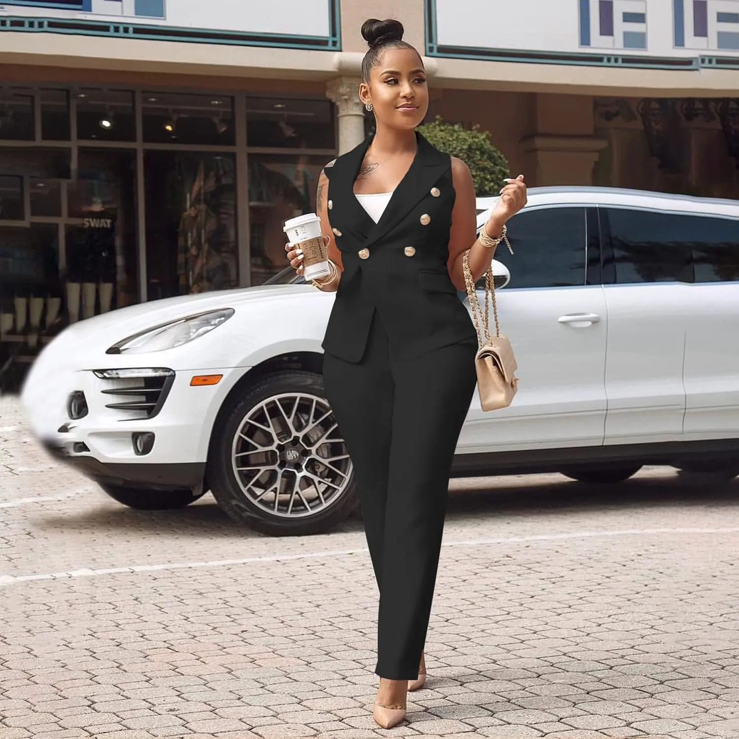 Women's Business Blazer Suit Ruffles Sleeveless Two Piece Solid Work Pant Suit Business Office Lady Suits Sets