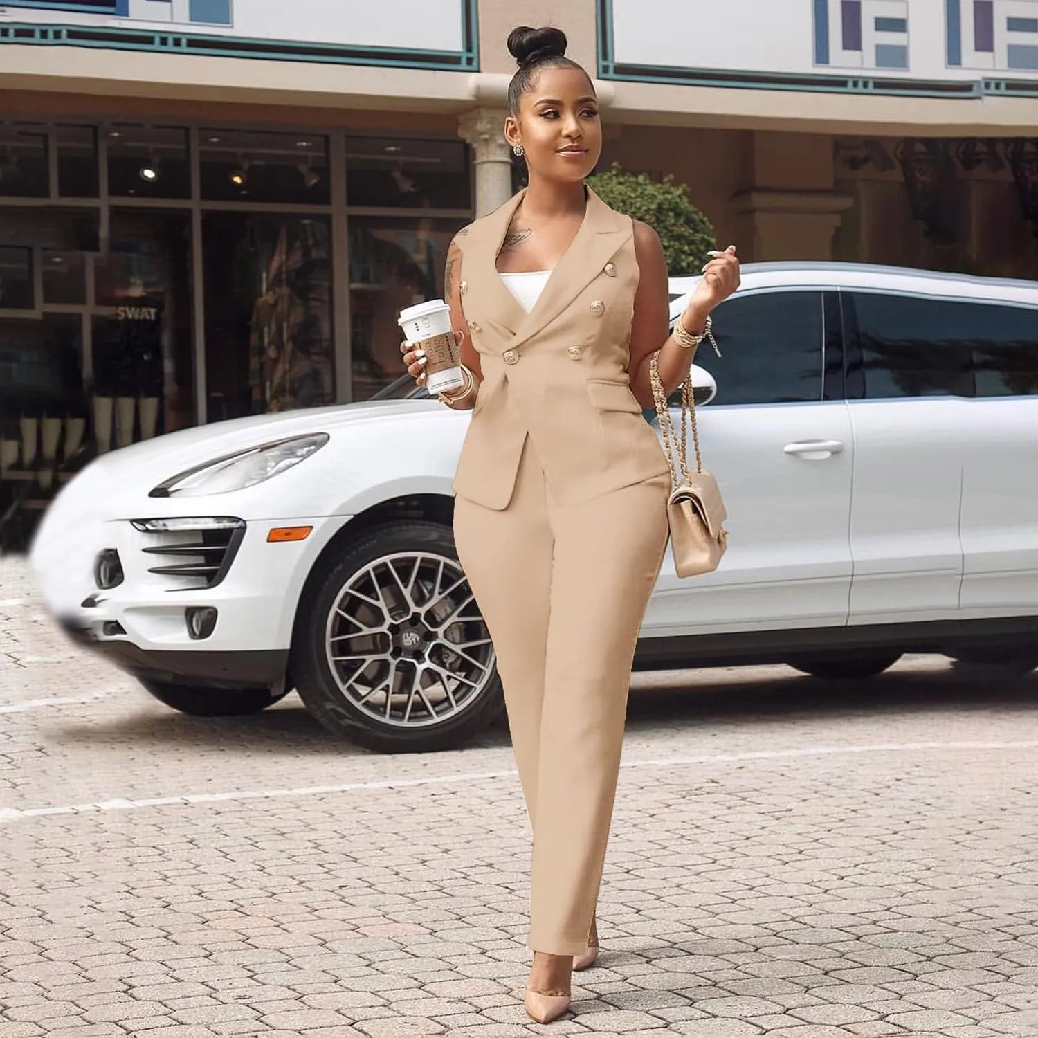 Women's Business Blazer Suit Ruffles Sleeveless Two Piece Solid Work Pant Suit Business Office Lady Suits Sets