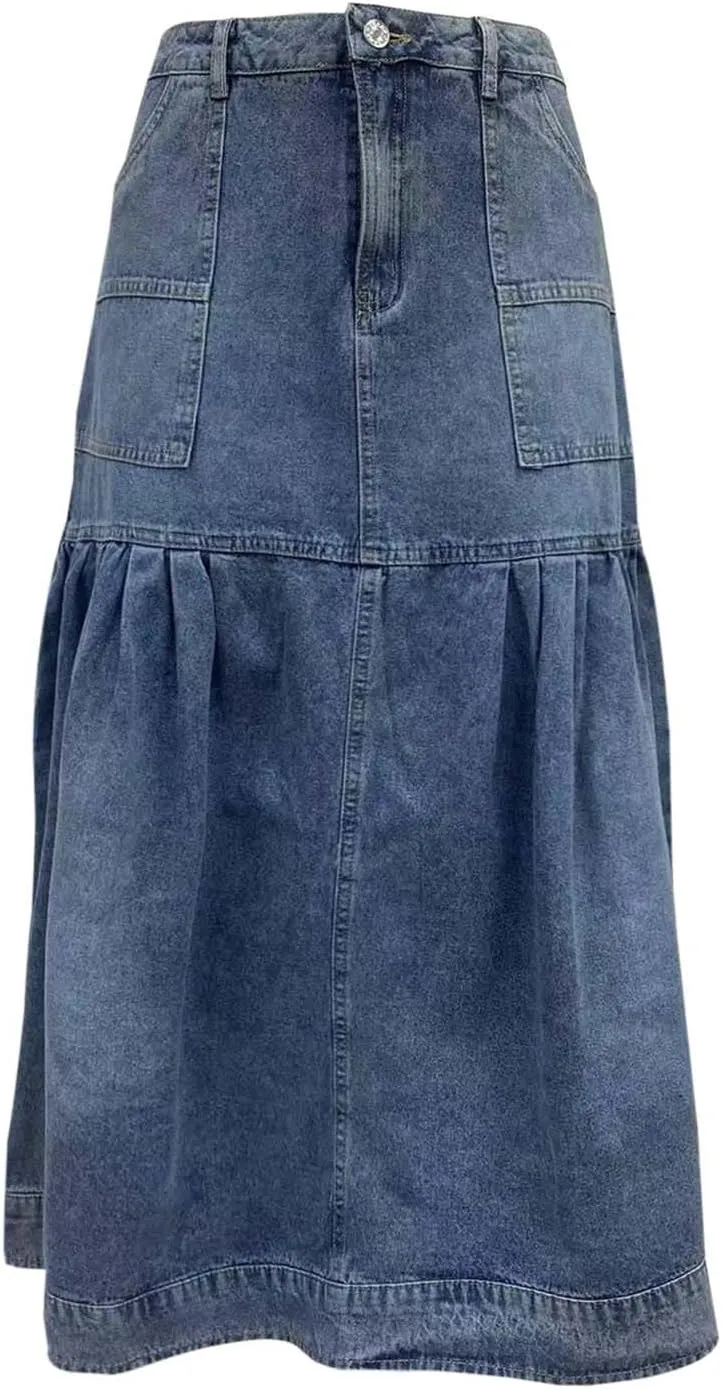 Women's Casual Denim Skirts Summer Midi Jean Skirts Stretch High Waisted Vintage Denim Dress 2025 Trendy with Pockets