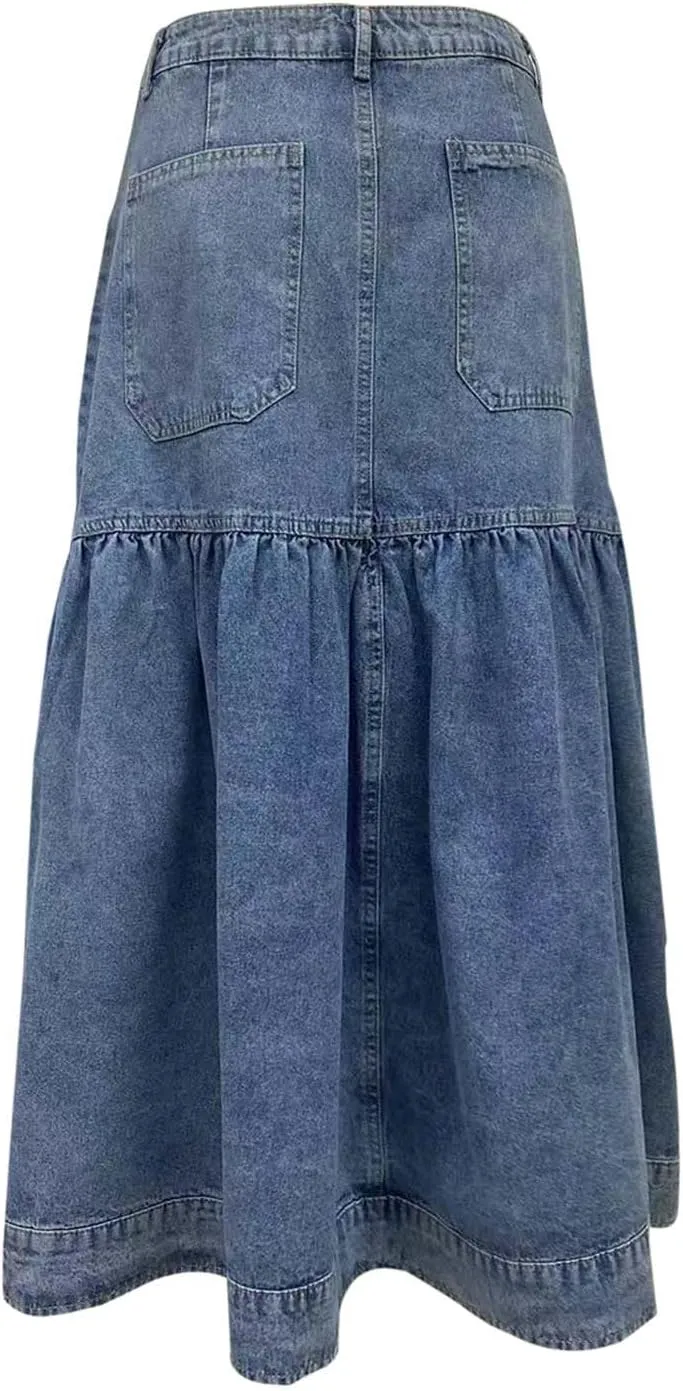 Women's Casual Denim Skirts Summer Midi Jean Skirts Stretch High Waisted Vintage Denim Dress 2025 Trendy with Pockets