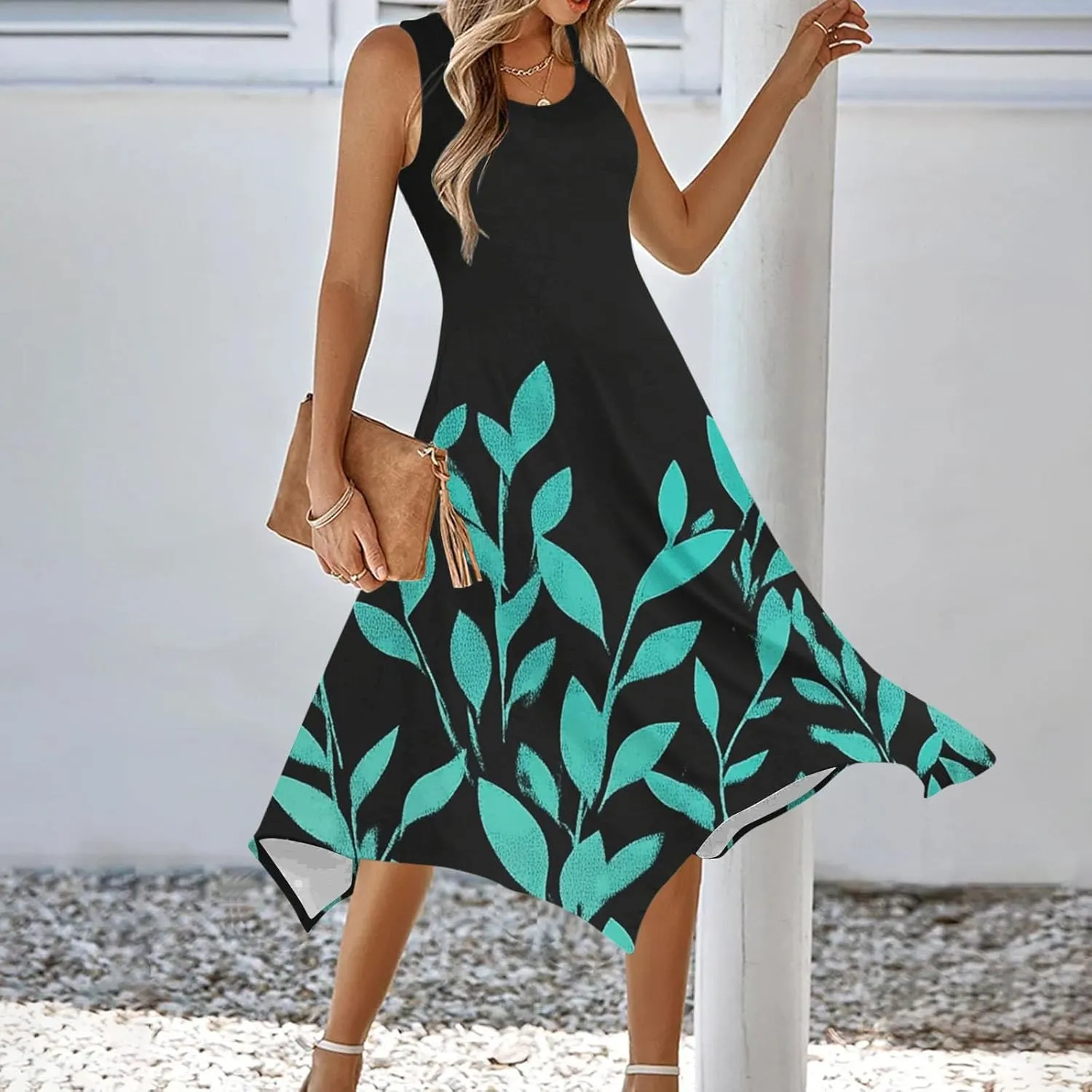 Women's Casual Dresses 2025 Summer Sleeveless Midi Sundress Flowy Ruffle Hem Swing Long Dress Beach Vacation