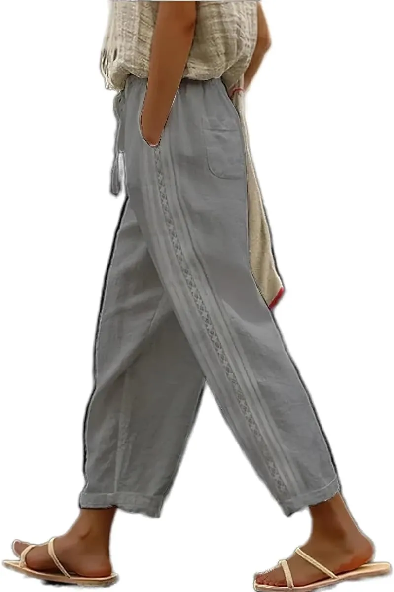 Women's Casual Linen Pants with Elastic Waist Relaxed Fit Straight and Wide Leg Crop Beach Trousers