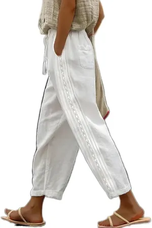 Women's Casual Linen Pants with Elastic Waist Relaxed Fit Straight and Wide Leg Crop Beach Trousers