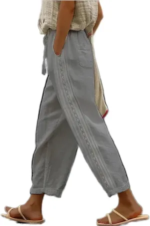 Women's Casual Linen Pants with Elastic Waist Relaxed Fit Straight and Wide Leg Crop Beach Trousers
