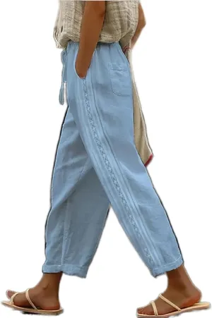 Women's Casual Linen Pants with Elastic Waist Relaxed Fit Straight and Wide Leg Crop Beach Trousers