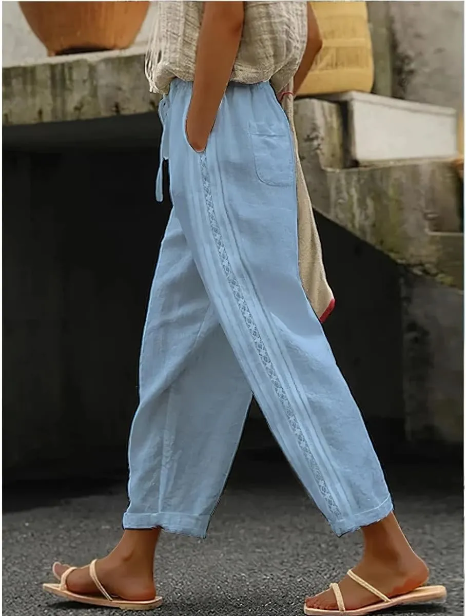 Women's Casual Linen Pants with Elastic Waist Relaxed Fit Straight and Wide Leg Crop Beach Trousers