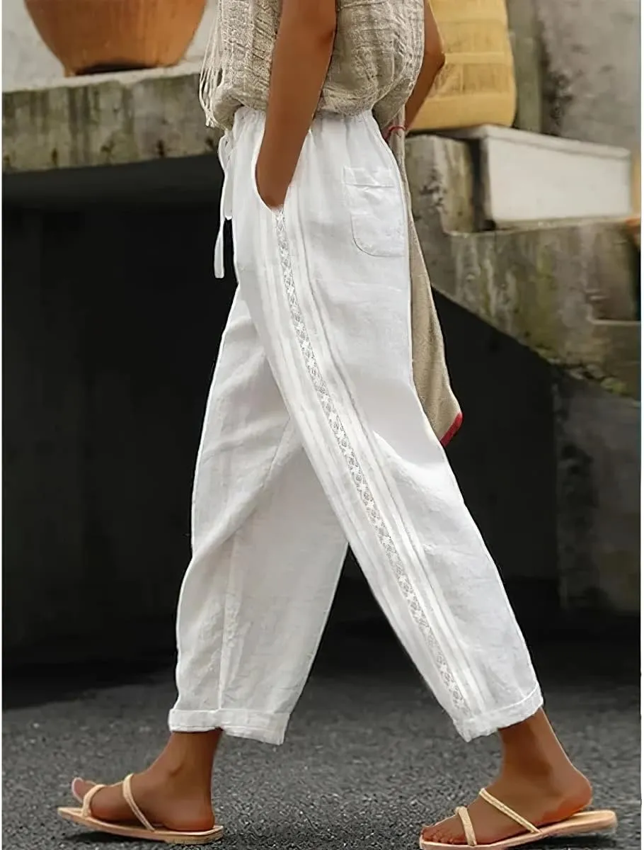 Women's Casual Linen Pants with Elastic Waist Relaxed Fit Straight and Wide Leg Crop Beach Trousers