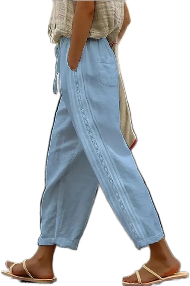 Women's Casual Linen Pants with Elastic Waist Relaxed Fit Straight and Wide Leg Crop Beach Trousers