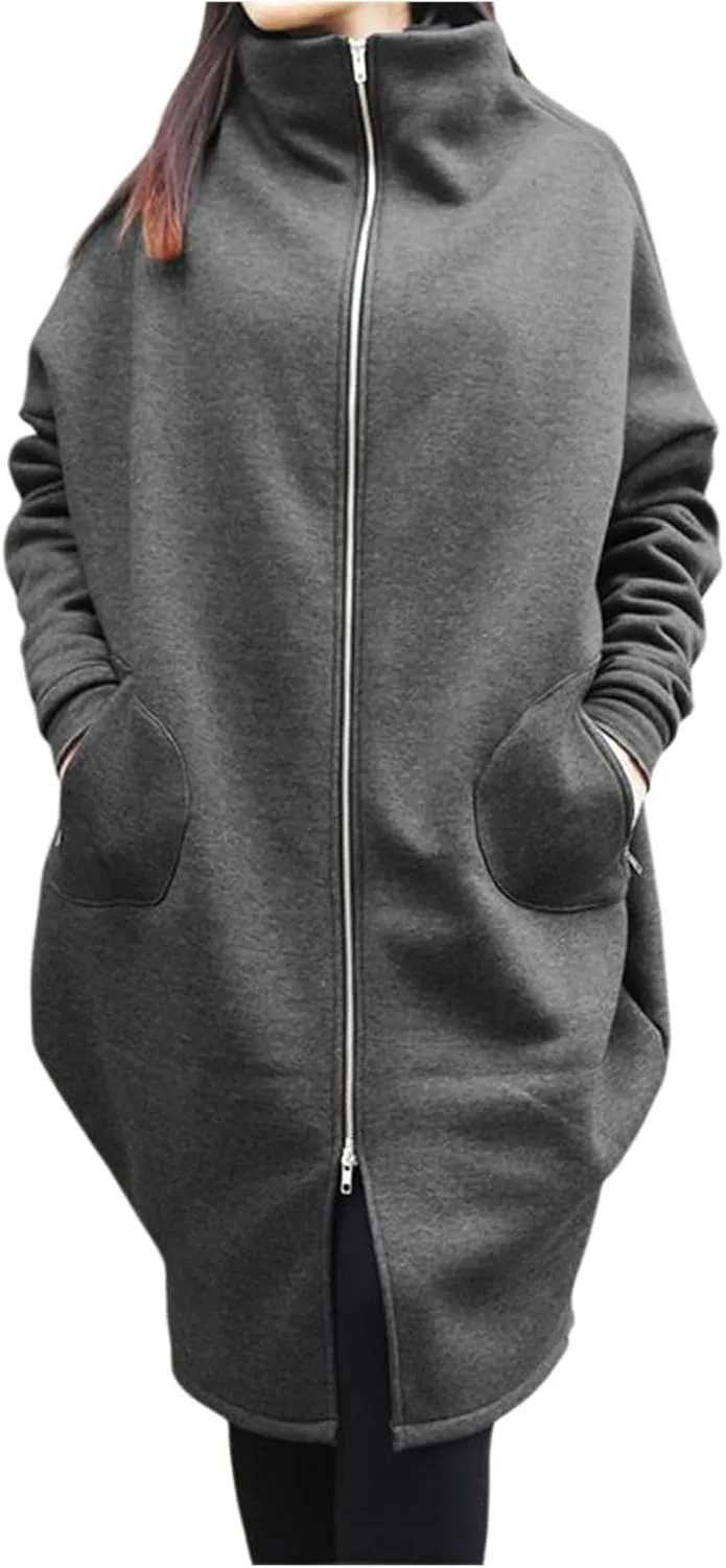 Women's Casual Oversized Hoodies Long Tunic Sweatshirts Jackets Plus Size Zip up Hoodie with Pockets