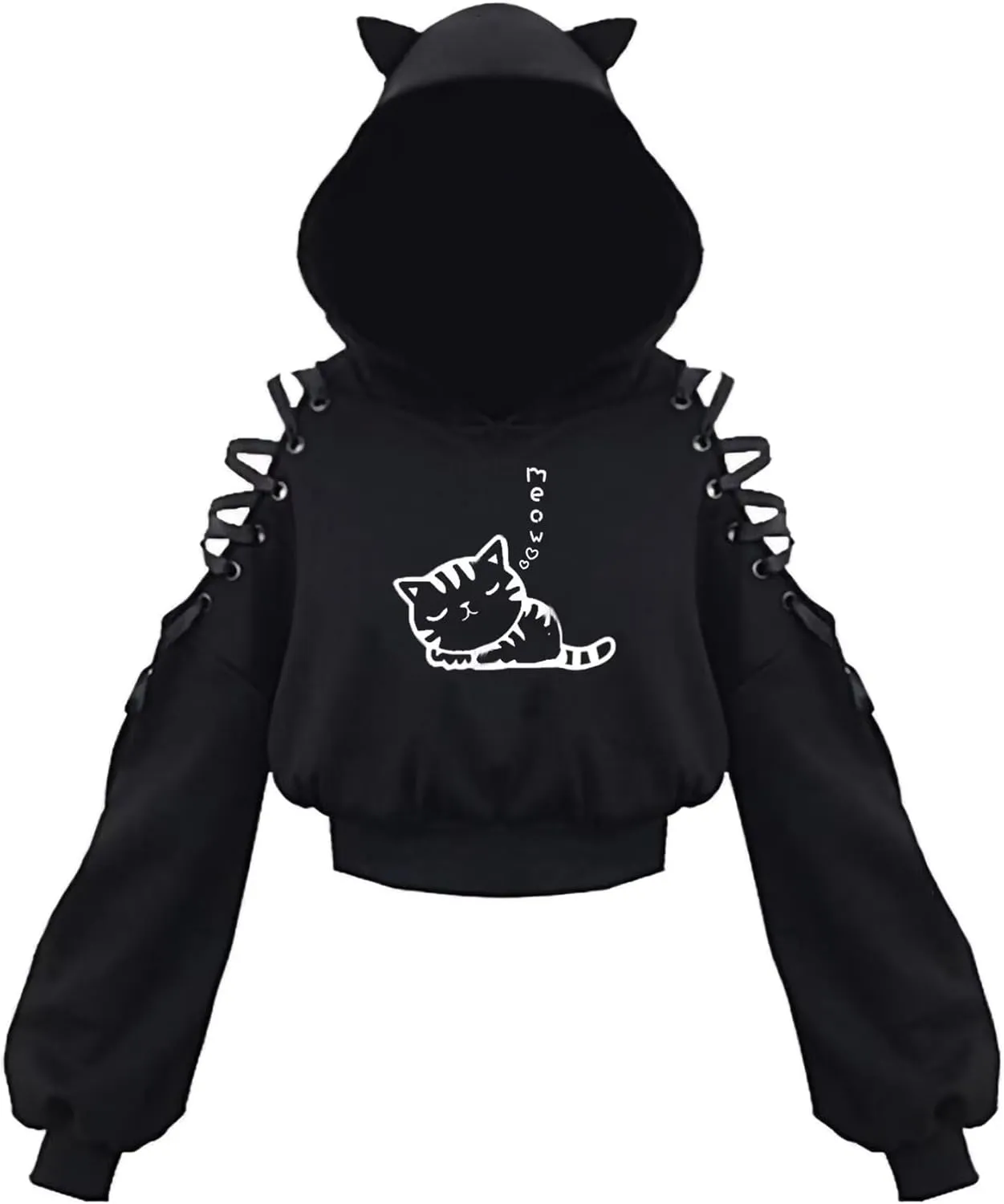 Womens Cat Ear Hoodie Sweatshirt Long Sleeve Sweater Off Shoulder Cat Cute Crop Top Hoodies Pullover