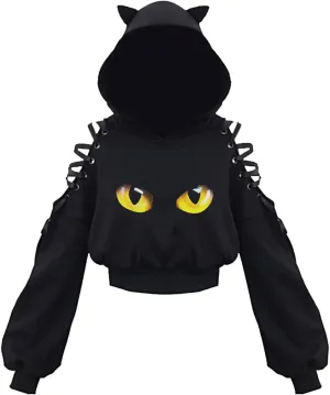 Womens Cat Ear Hoodie Sweatshirt Long Sleeve Sweater Off Shoulder Cat Cute Crop Top Hoodies Pullover