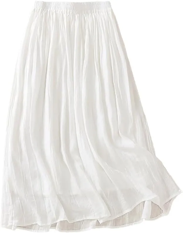 Womens Cotton Linen Skirts Summer Casual Flowy Elastic High Waist Pleated A-Line Midi Skirts with Pockets