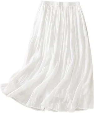 Womens Cotton Linen Skirts Summer Casual Flowy Elastic High Waist Pleated A-Line Midi Skirts with Pockets