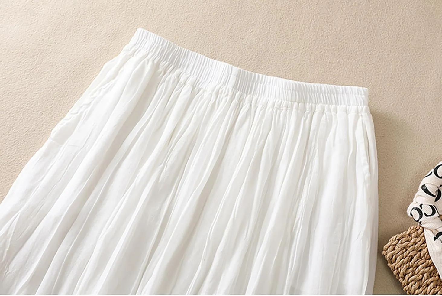 Womens Cotton Linen Skirts Summer Casual Flowy Elastic High Waist Pleated A-Line Midi Skirts with Pockets