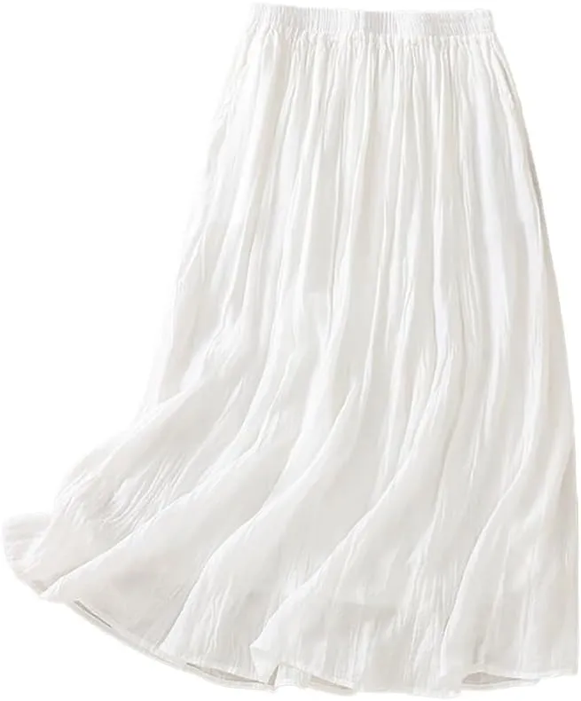 Womens Cotton Linen Skirts Summer Casual Flowy Elastic High Waist Pleated A-Line Midi Skirts with Pockets