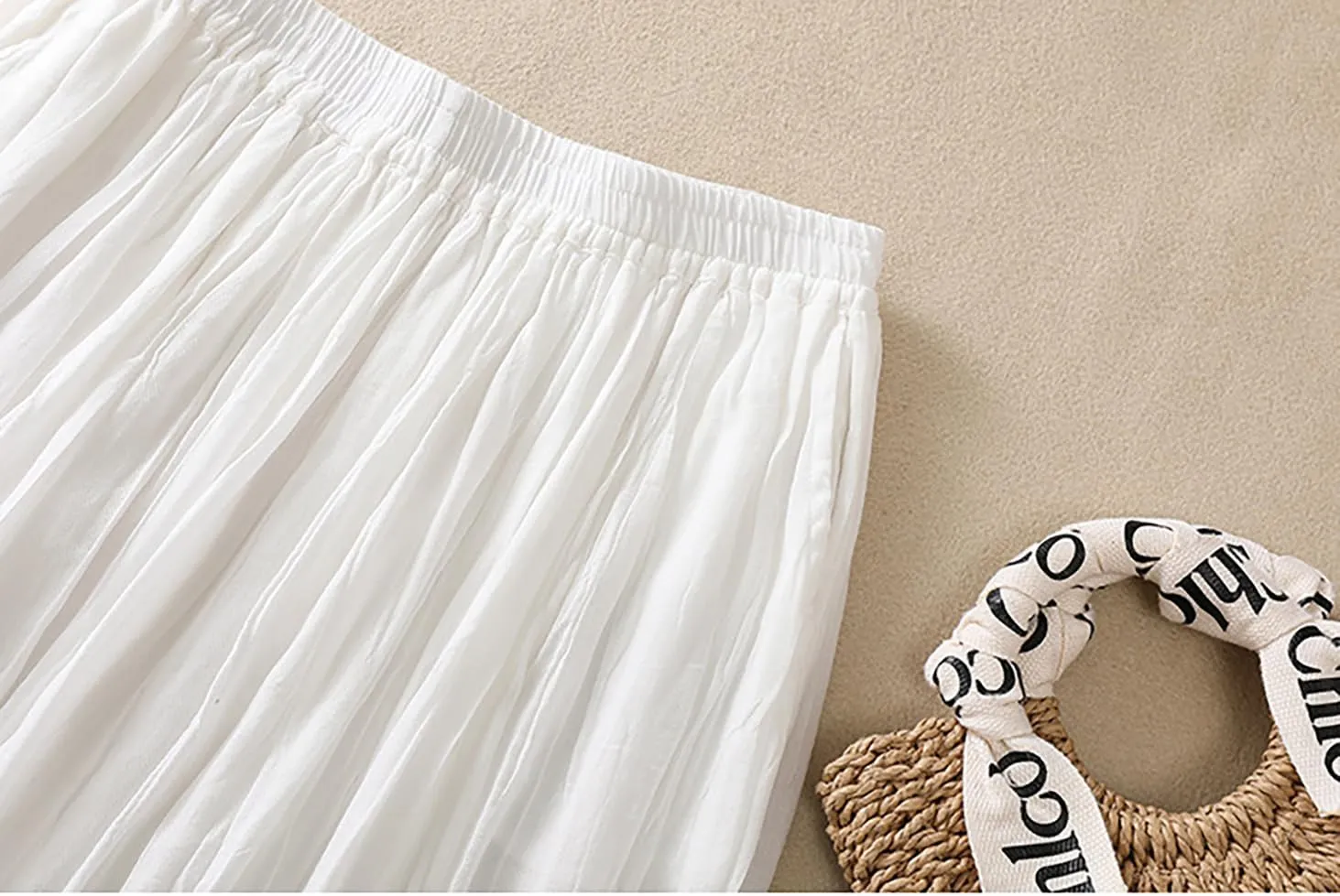 Womens Cotton Linen Skirts Summer Casual Flowy Elastic High Waist Pleated A-Line Midi Skirts with Pockets