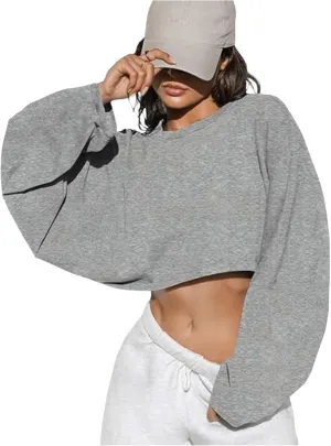 Women's Crew Neck Crop Sweatshirt Long Sleeve Oversized Sweatshirts Drop Shoulder Shirt Loose Pullover Sports Cropper