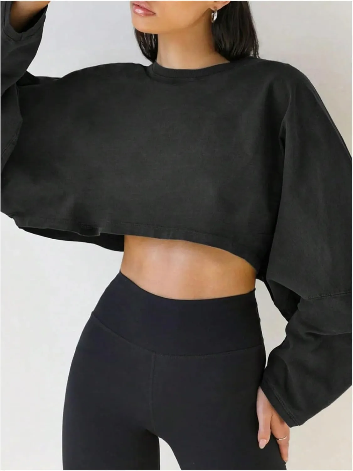 Women's Crew Neck Crop Sweatshirt Long Sleeve Oversized Sweatshirts Drop Shoulder Shirt Loose Pullover Sports Cropper