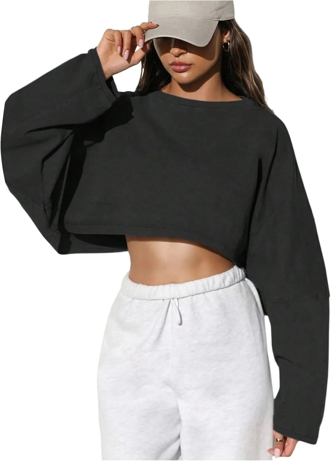 Women's Crew Neck Crop Sweatshirt Long Sleeve Oversized Sweatshirts Drop Shoulder Shirt Loose Pullover Sports Cropper
