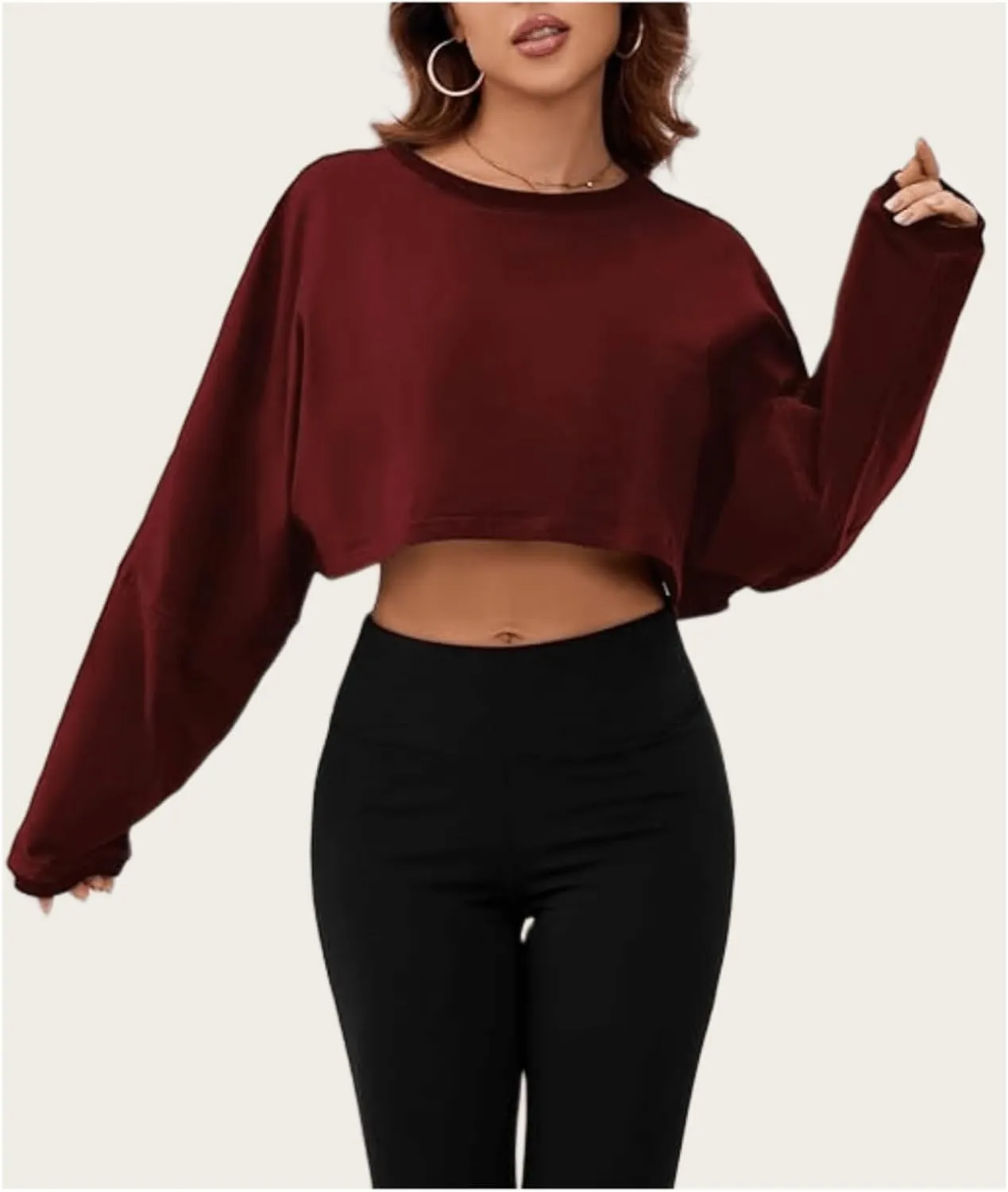 Women's Crew Neck Crop Sweatshirt Long Sleeve Oversized Sweatshirts Drop Shoulder Shirt Loose Pullover Sports Cropper