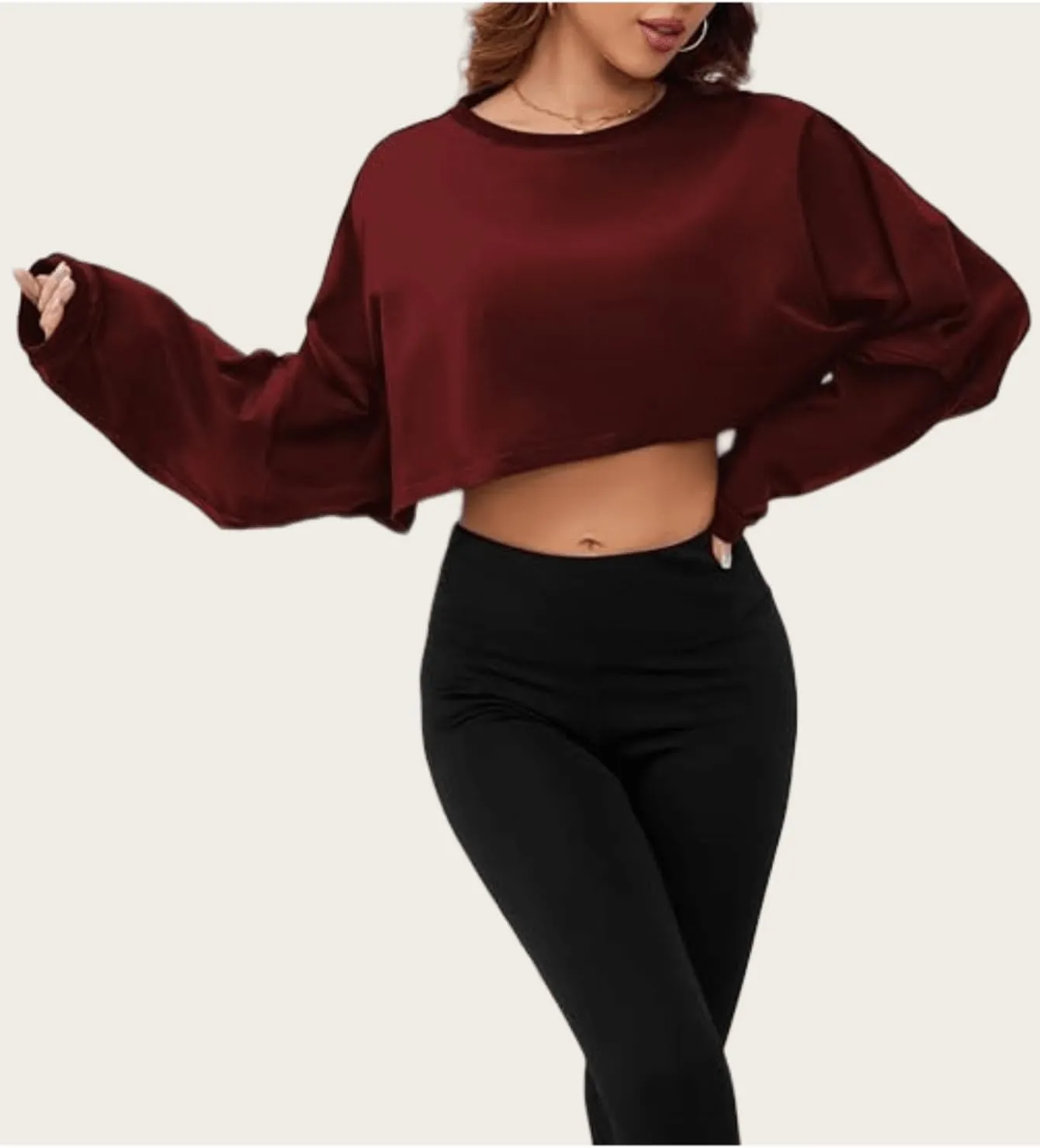 Women's Crew Neck Crop Sweatshirt Long Sleeve Oversized Sweatshirts Drop Shoulder Shirt Loose Pullover Sports Cropper