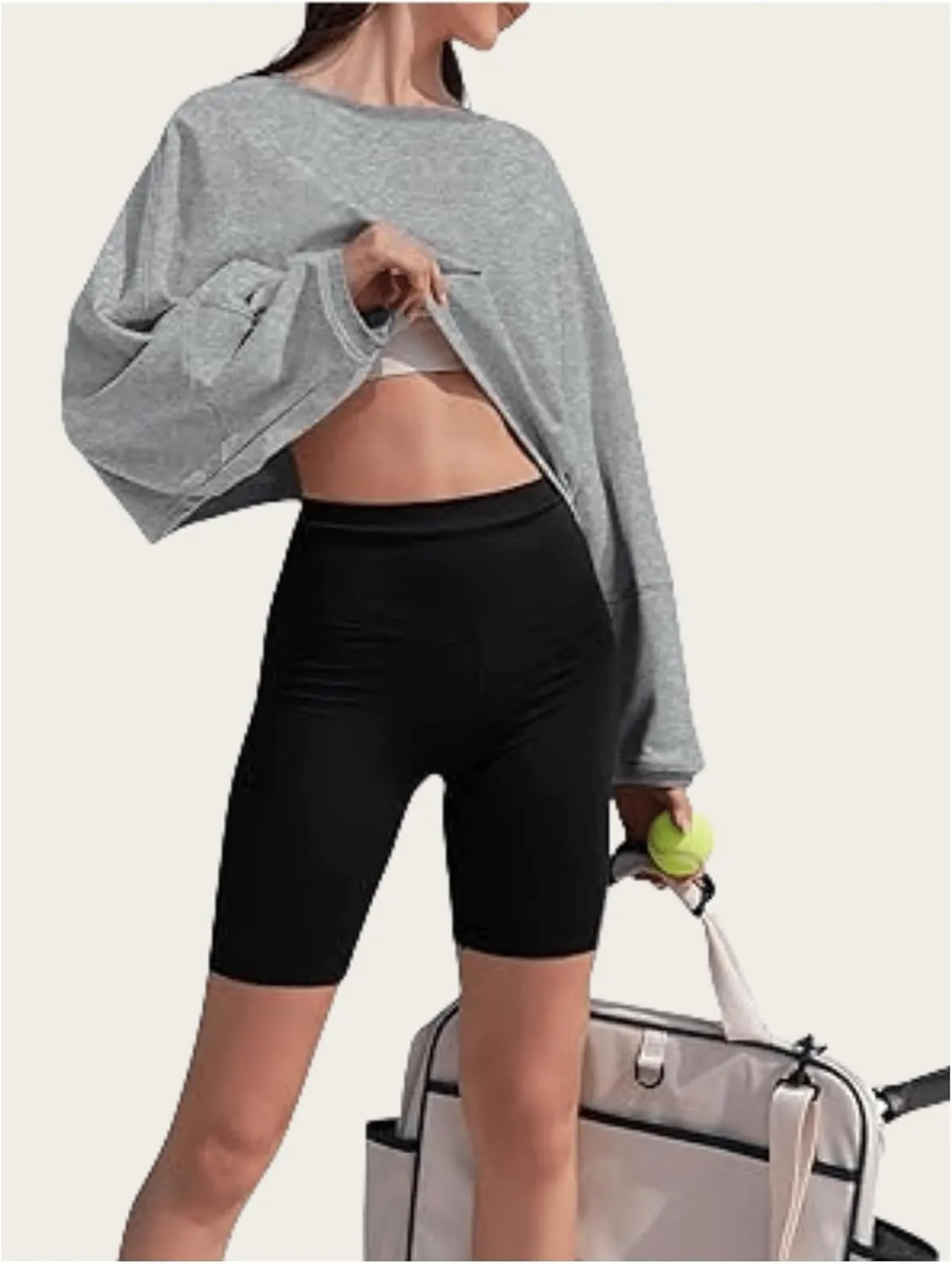 Women's Crew Neck Crop Sweatshirt Long Sleeve Oversized Sweatshirts Drop Shoulder Shirt Loose Pullover Sports Cropper