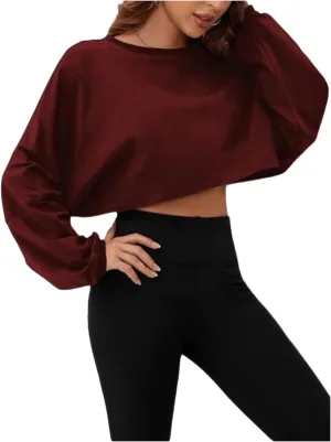 Women's Crew Neck Crop Sweatshirt Long Sleeve Oversized Sweatshirts Drop Shoulder Shirt Loose Pullover Sports Cropper