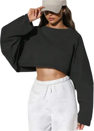 Women's Crew Neck Crop Sweatshirt Long Sleeve Oversized Sweatshirts Drop Shoulder Shirt Loose Pullover Sports Cropper