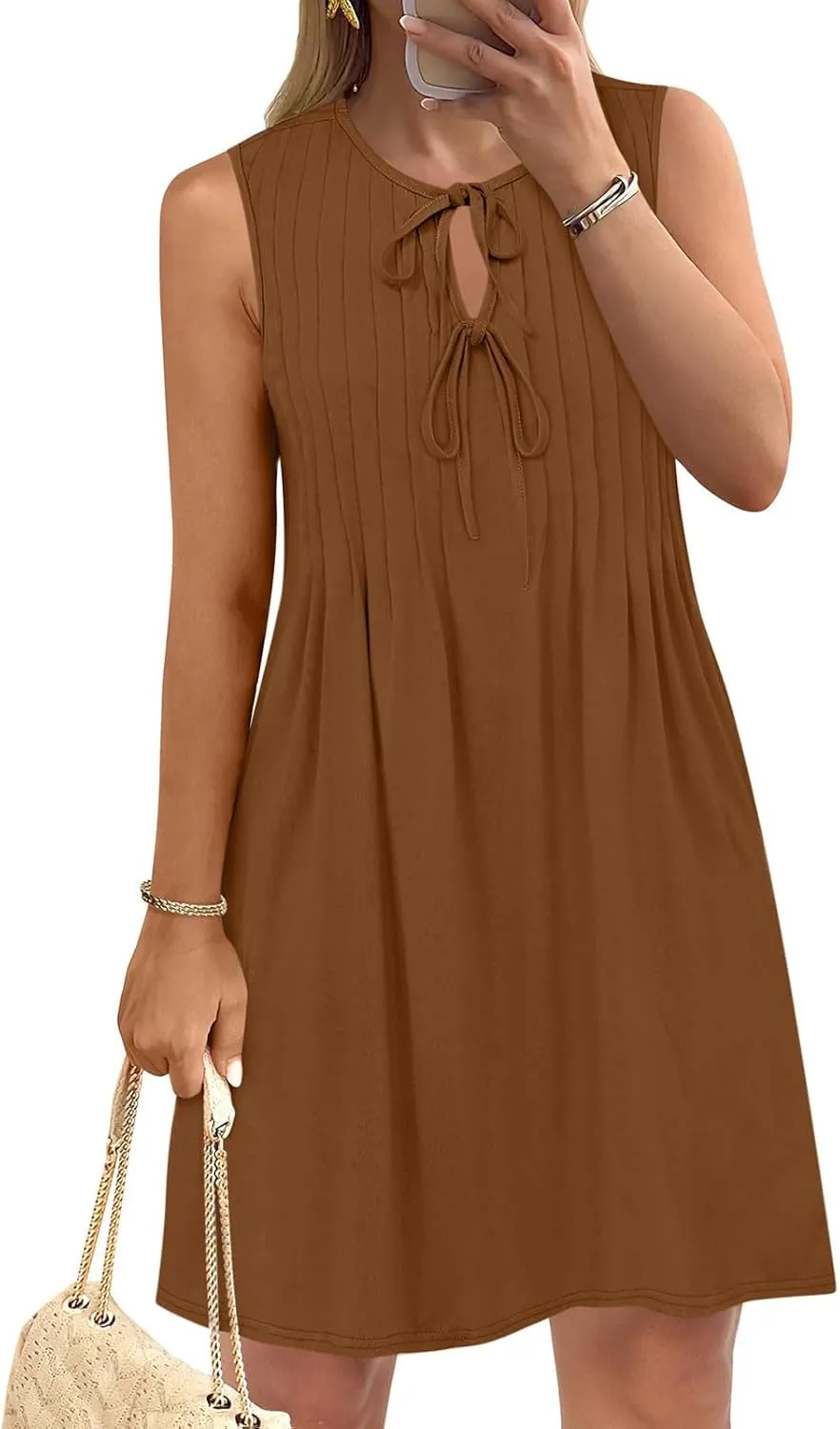 Womens Dresses Casual Summer Front Key Hole Sleeveless Tank Sundress Ruched Crewneck Beach Vacation Mini Dress