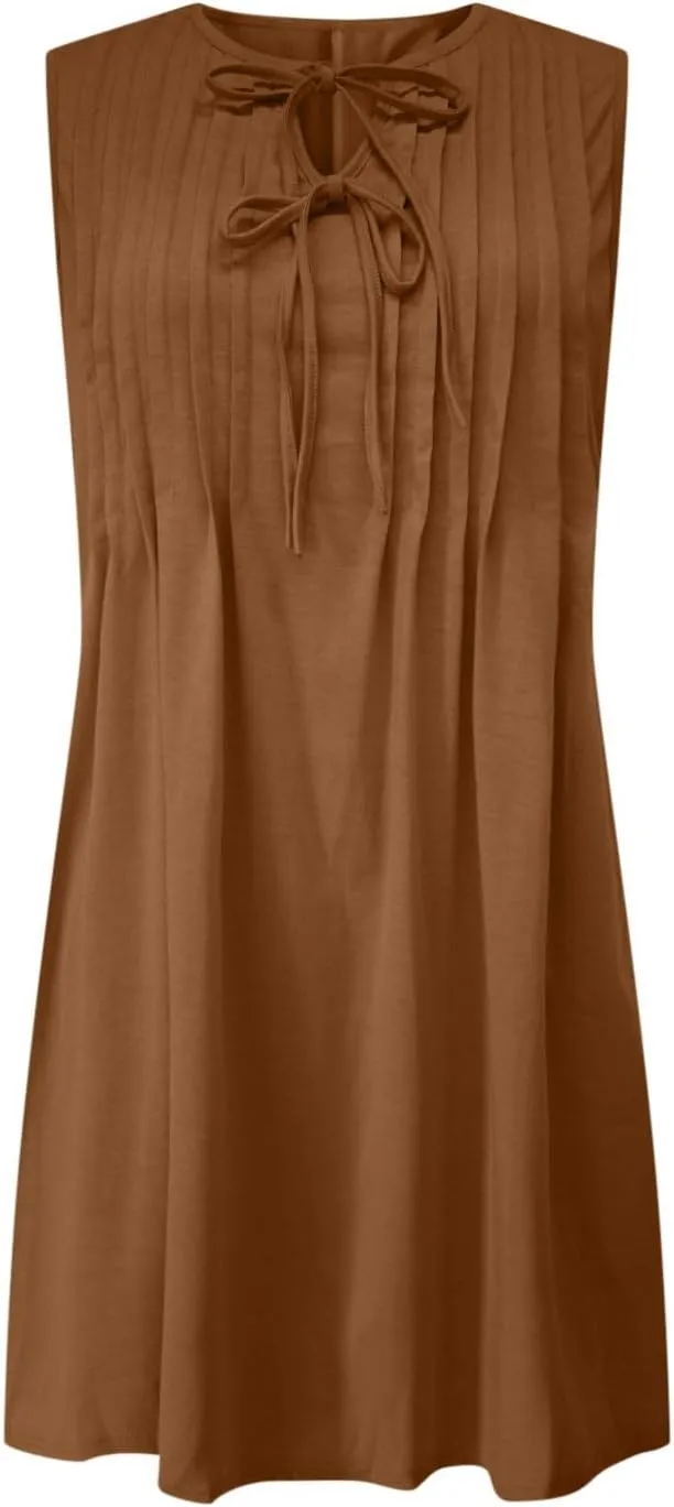 Womens Dresses Casual Summer Front Key Hole Sleeveless Tank Sundress Ruched Crewneck Beach Vacation Mini Dress