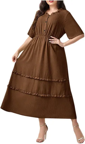 Womens Fashion Ruffle Trim Summer Dresses Casual Crewneck Button Short Sleeve Buckle Waist Midi Dress