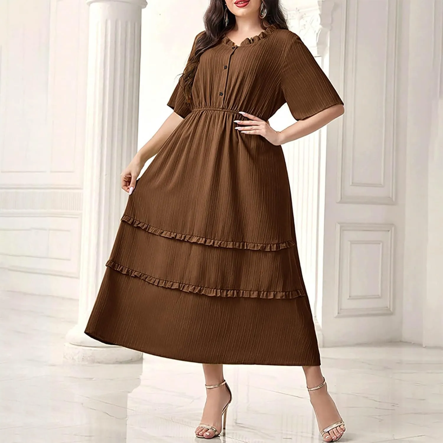 Womens Fashion Ruffle Trim Summer Dresses Casual Crewneck Button Short Sleeve Buckle Waist Midi Dress