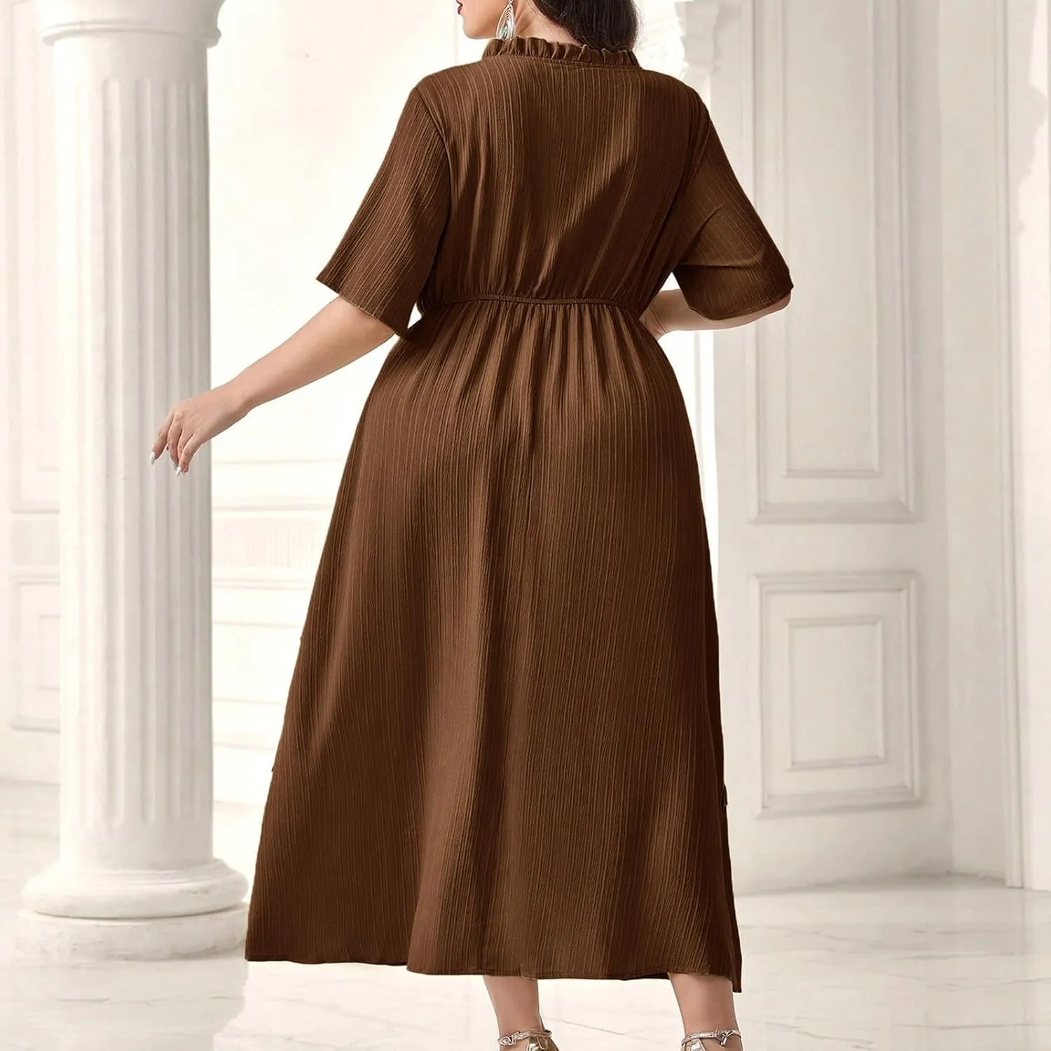 Womens Fashion Ruffle Trim Summer Dresses Casual Crewneck Button Short Sleeve Buckle Waist Midi Dress